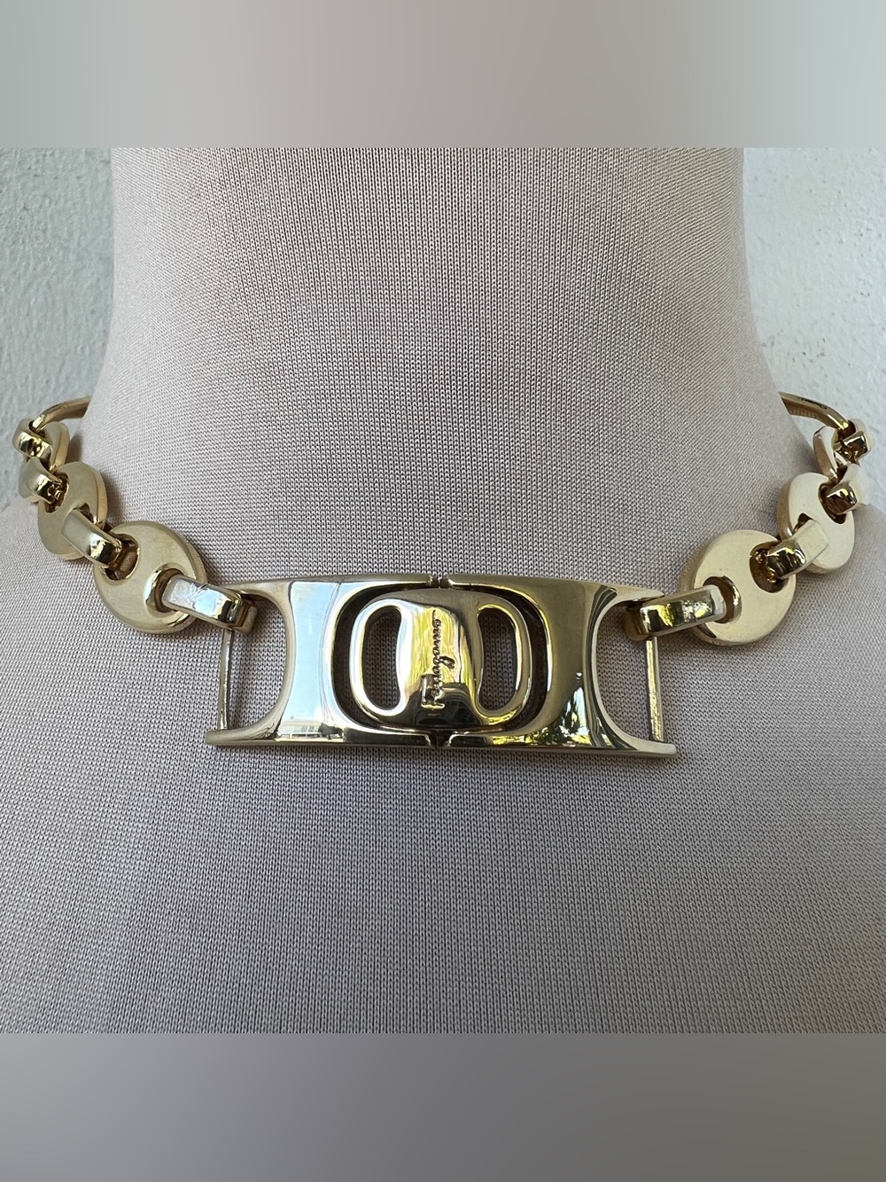 Custom Vintage Ferragamo Vara Hardware Statement Choker in Gold 15.5”